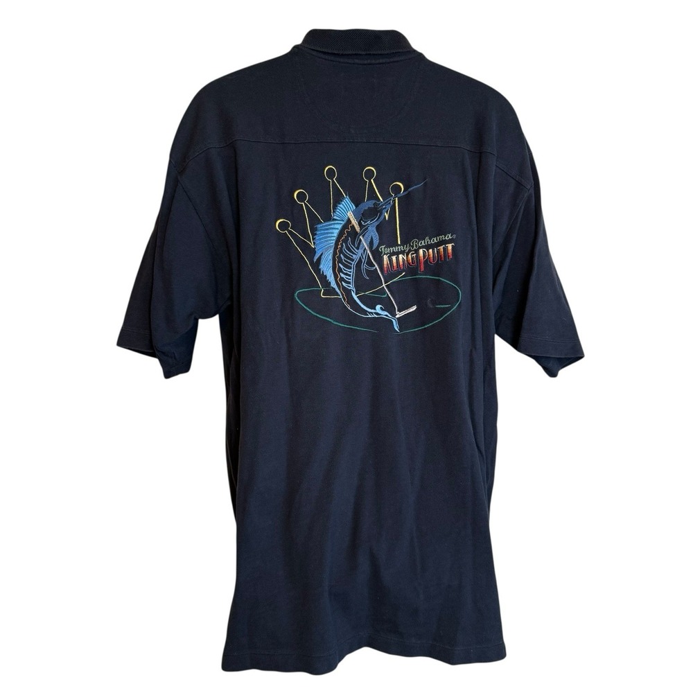 Tommy Bahama Black Polo King Putt Embroidered Back Large Golf Fish Beach Ocean